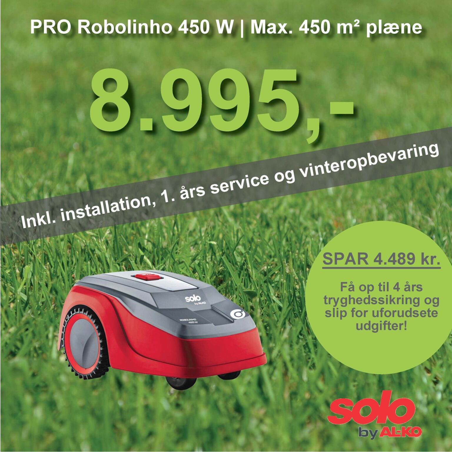 Solo robotplæneklipper Premium PRO Robolinho 450W - 450m2 inkl. installation, 1. års service og vinteropbevaring.