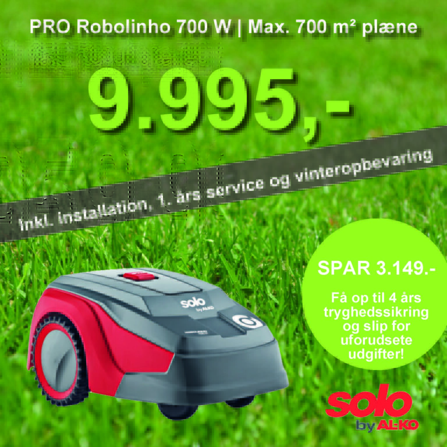 Solo robotplæneklipper premium PRO Robolinho 700 W - 700m2 inkl. installation, 1. års service og vinteropbevaring.