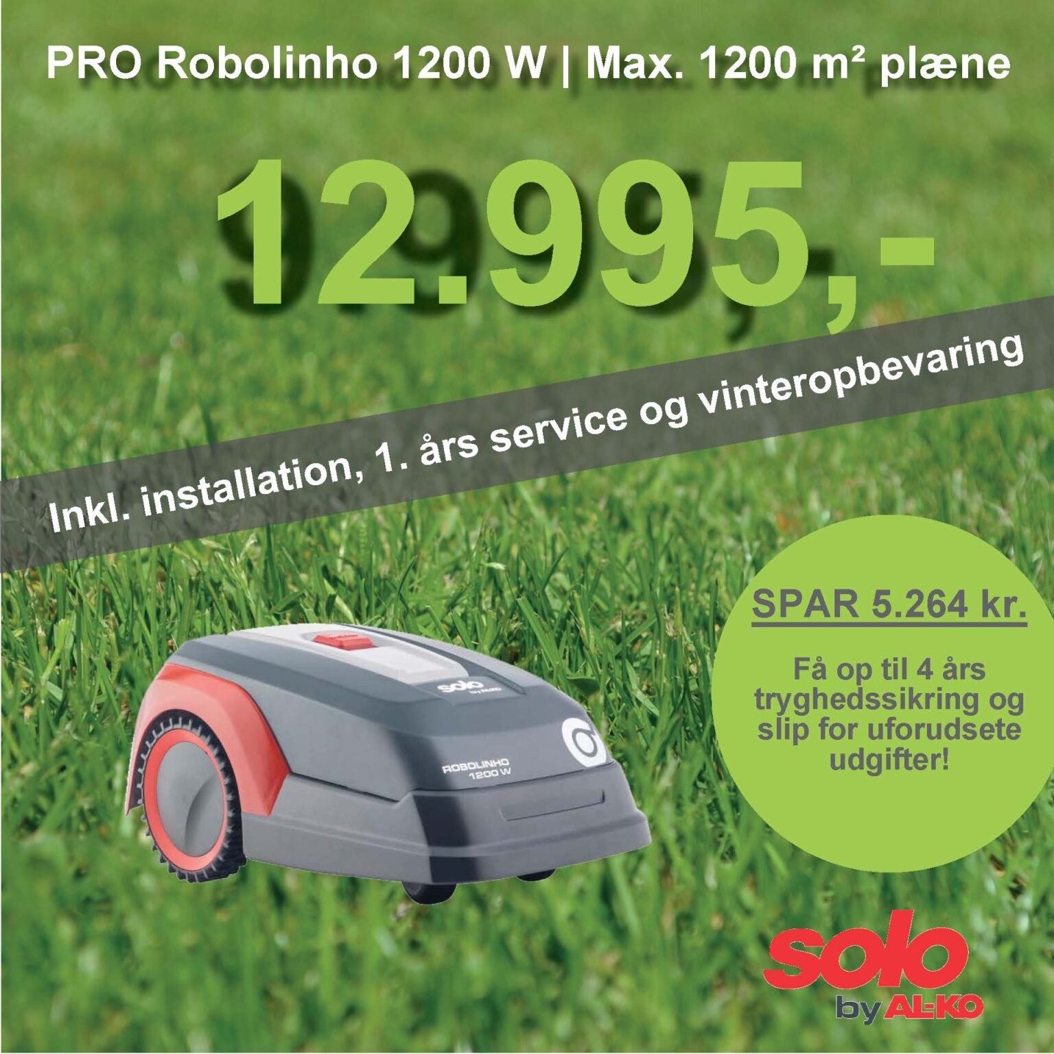 Solo robotplæneklipper Premium PRO Robolinho 1200 W - 1200m2 inkl. installation, 1. års service og vinteropbevaring.